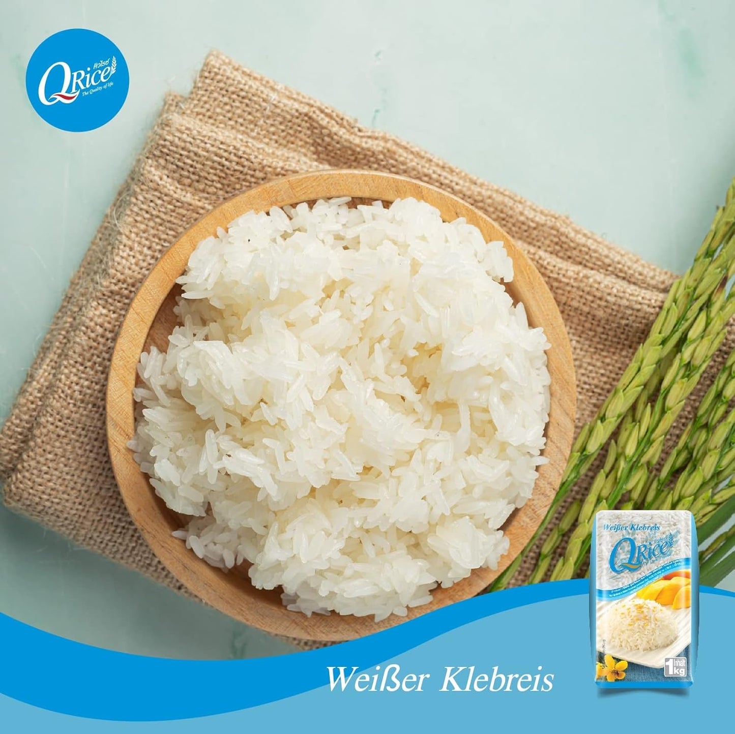 ARROZ Q | Weißer Klebreis Langkorn en Tailandia | Aromatisch mit klebriger Textur | Ideal para Currys, Sushi, Mochi o Arroz con Leche 1 x 1 kg
