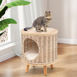 Katzenhaus Rattan, Katzenmöbel mit Holzbeinen & soft Kissen, 3 en 1 Katzenhöhle Fußhocker Nachttisch, Katzenbett stabil bis 30 kg für Wohnzimmer Schlafzimmer