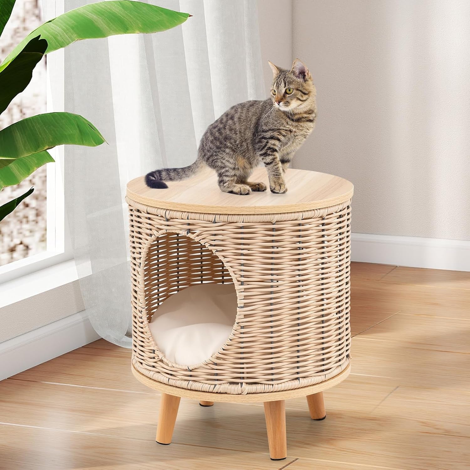 Katzenhaus Rattan, Katzenmöbel mit Holzbeinen & soft Kissen, 3 en 1 Katzenhöhle Fußhocker Nachttisch, Katzenbett stabil bis 30 kg für Wohnzimmer Schlafzimmer