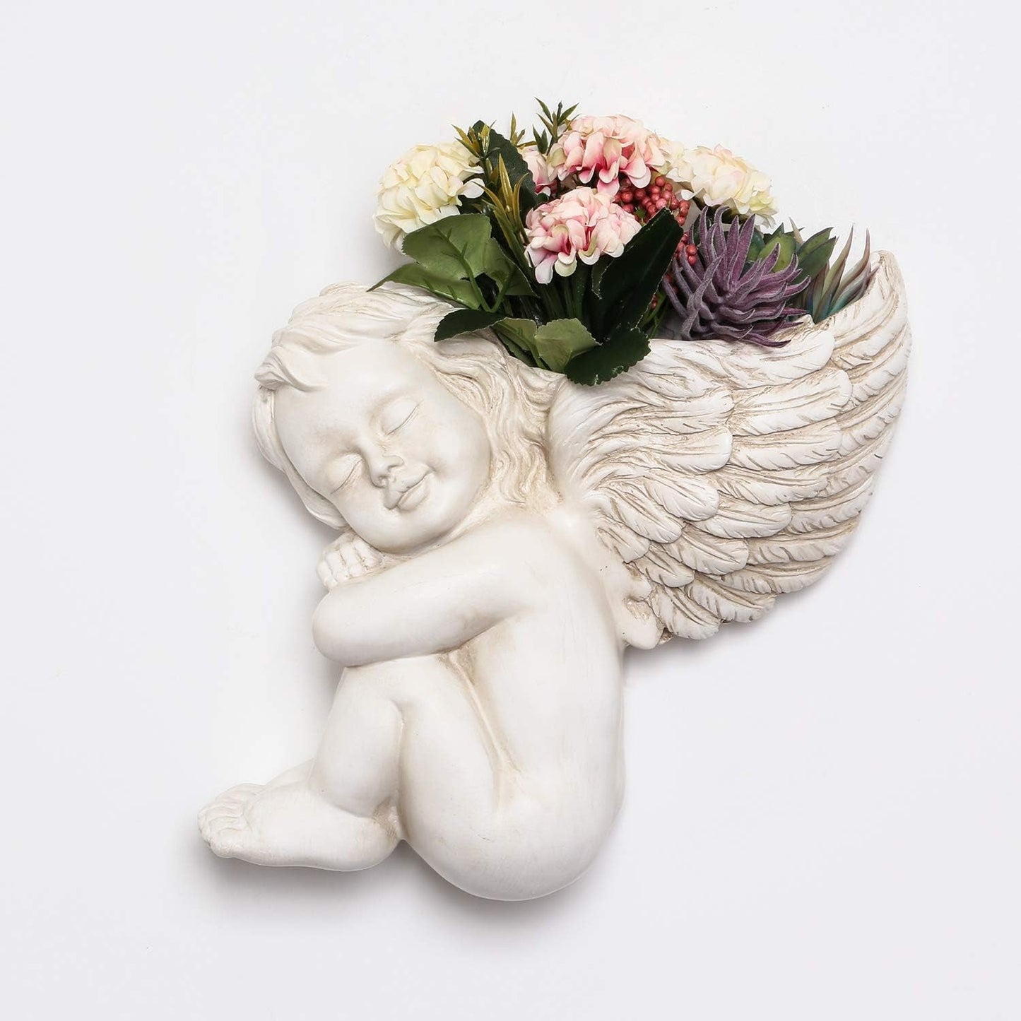 Maceta montada en pared y superficie plana, 20 cm de altura, cabeza de ángel, soporte de pared para flores, florero, cara de muñeca, maceta de resina, mesa, macetas