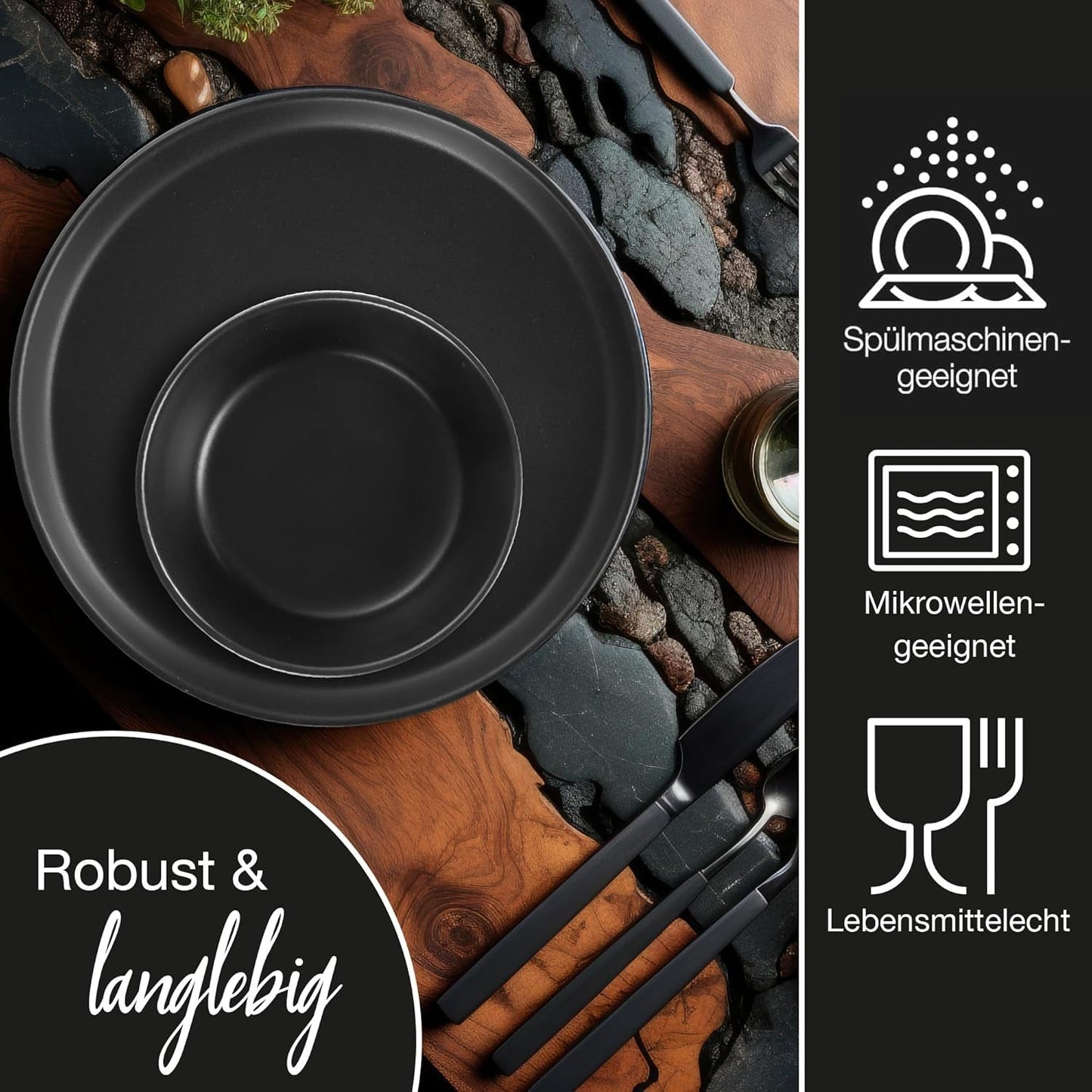 Moritz & Moritz Vajilla NORDIC para 6 personas - Vajilla de gres negro de 18 piezas - Diseño escandinavo - Vajilla robusta para 6 personas para uso diario e invitados - Vajilla combinada