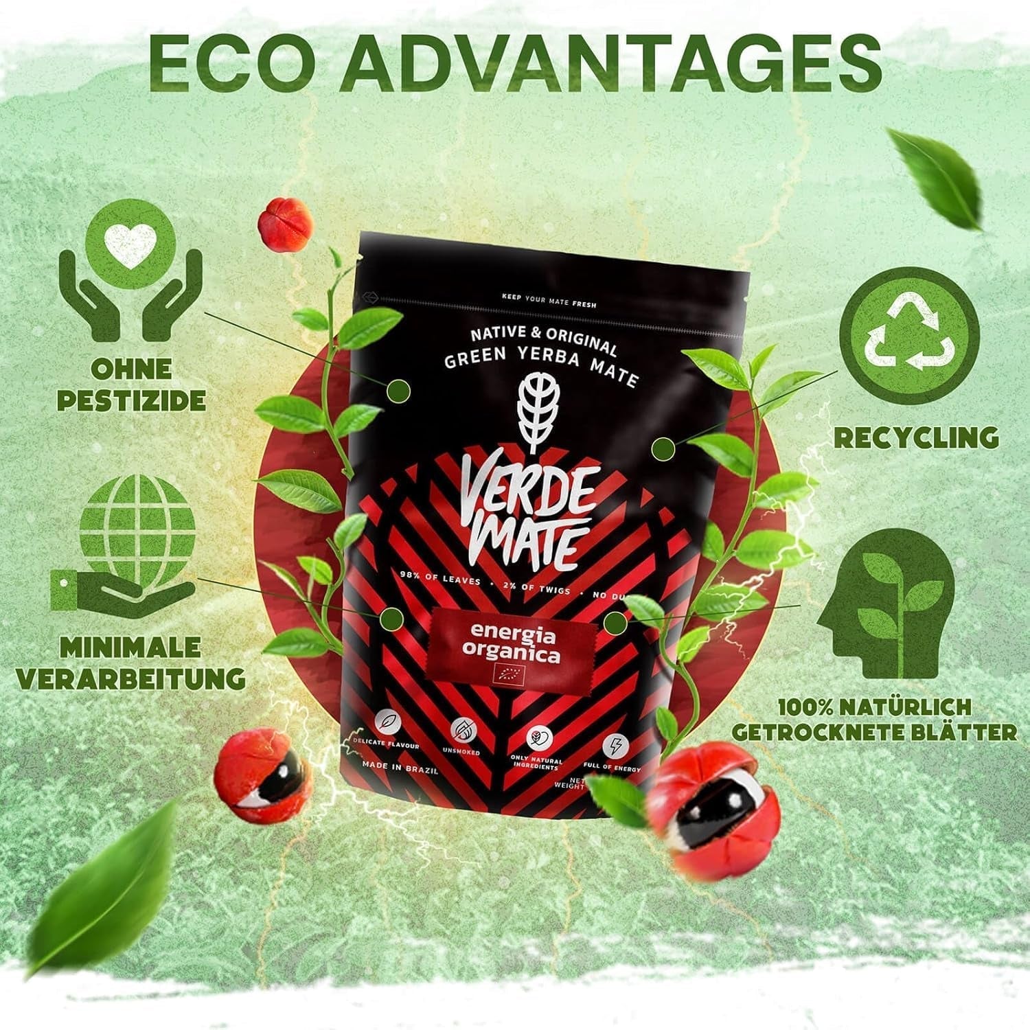 Green Mate Green Orgánica Energy Guaraná 500G | Té de Yerba Mate Orgánico de Brasil | Contenido de cafeína natural | Mate orgánico