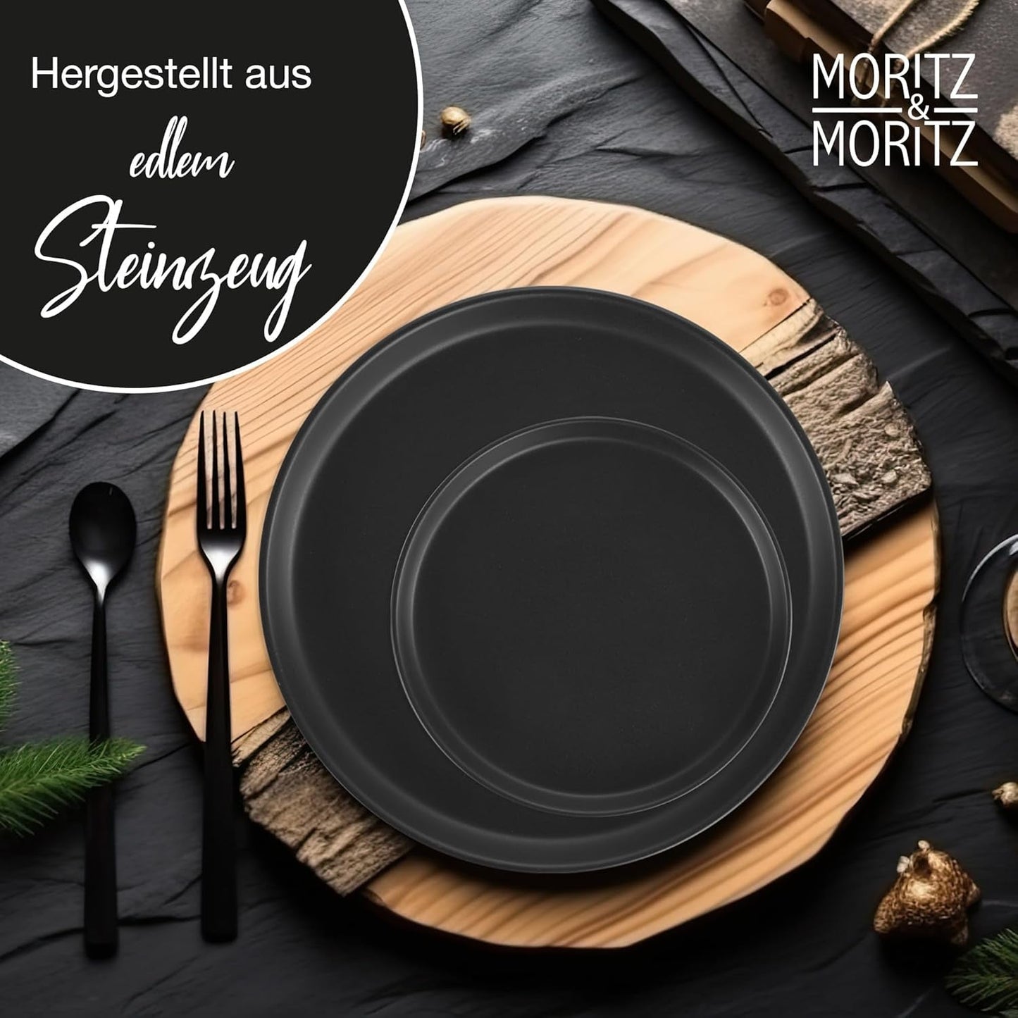Moritz & Moritz Vajilla NORDIC para 6 personas - Vajilla de gres negro de 18 piezas - Diseño escandinavo - Vajilla robusta para 6 personas para uso diario e invitados - Vajilla combinada