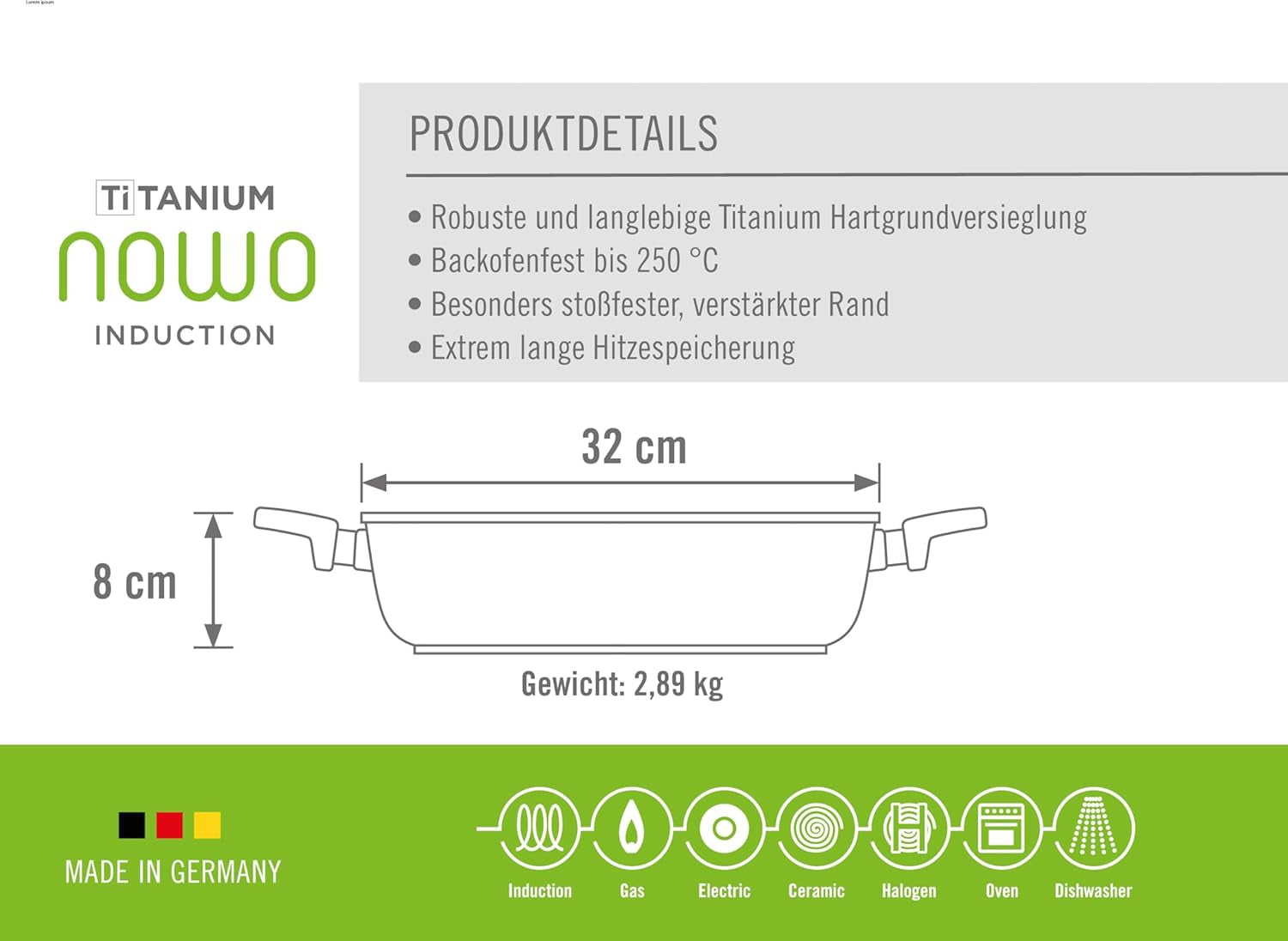 Woll Nowo Titanium Kasserole - Induktiv -, Ø 32 Cm, 8 Cm Hoch, 5,5 Litros, Mit 2 Seitengriffen - Geeignet Für Alle Herdarten Moldes y bandejas para hornear Naty Shop