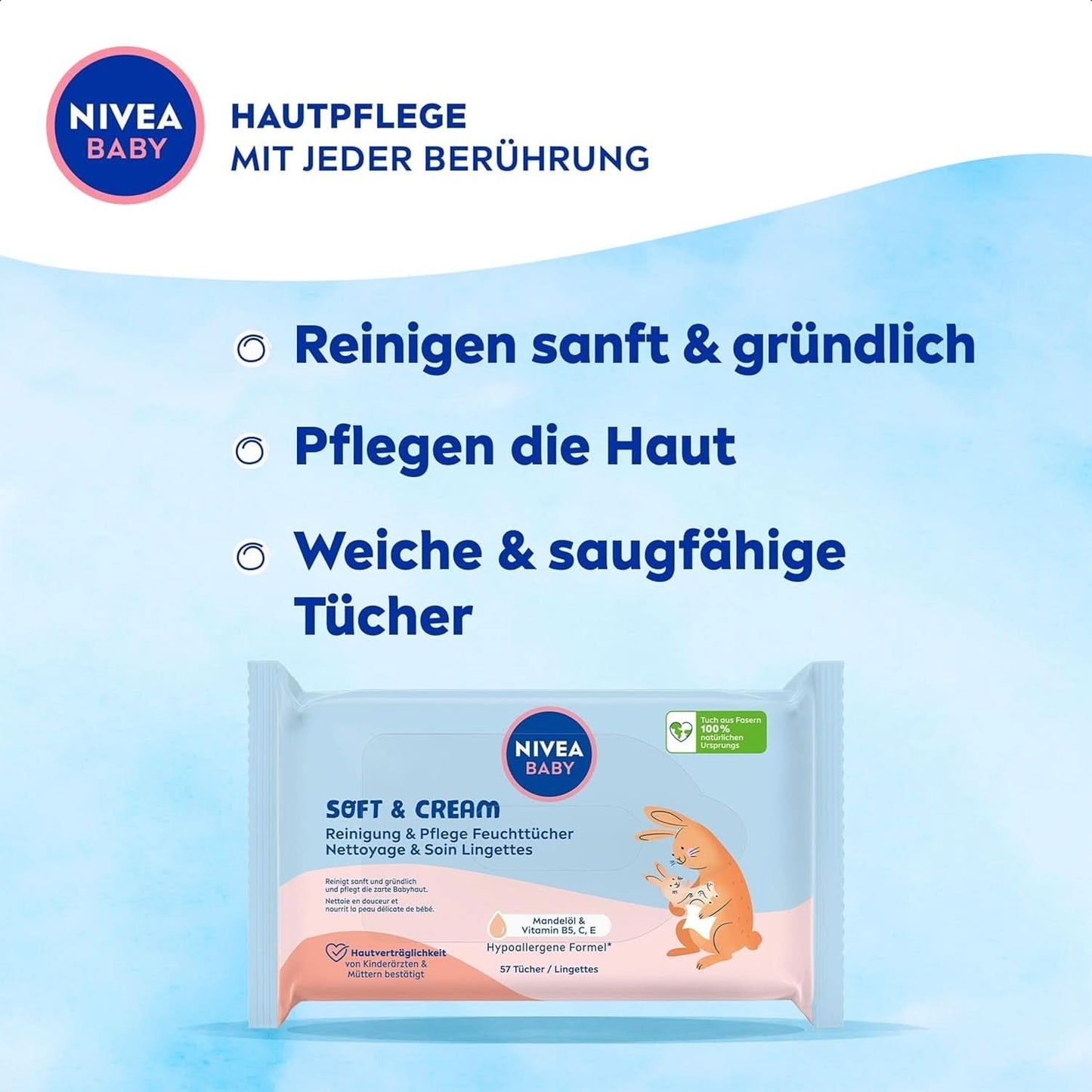NIVEA BABY Soft & Cream Feuchttücher, Baby Feuchttücher Zur Sanften Reinigung Empfindlicher Babyhaut, Hypoallergene Feuchttücher Für Babies Mit Mandelöl Und Vitaminen (4 X 57 Stück) Naty Shop