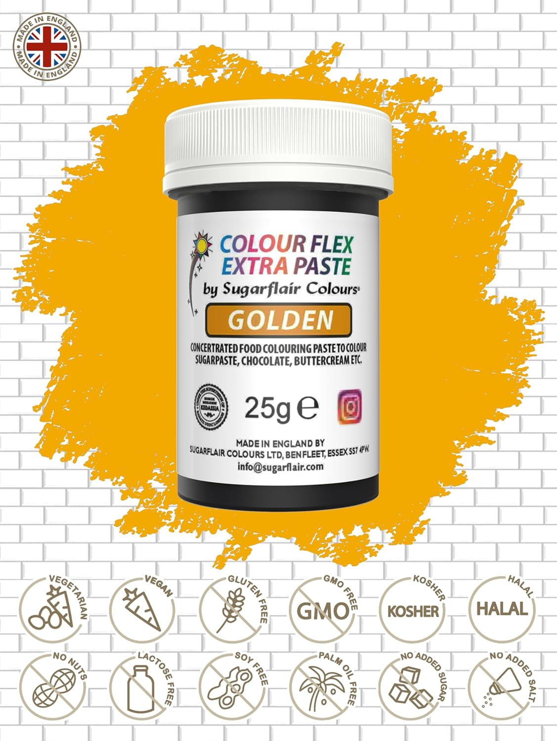Pasta colorante alimentaria Sugarflair Colourflex Extra Paste Golden - Colorante alimentario comestible para crema de mantequilla, chocolate, pasta de azúcar, glaseado, fondant, mezclas para pasteles, masa y más - 25 g