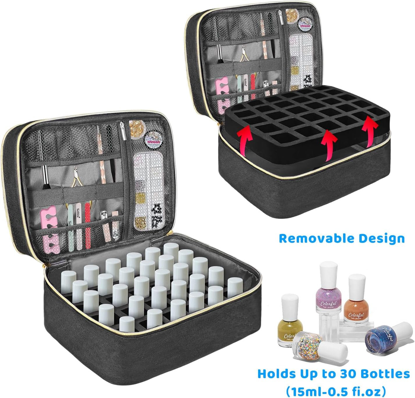 Organizador de laca de uñas Tasche, caja de almacenamiento de laca de uñas Doppelschicht, organizador Koffer para Nageldesign Kosmetiktasche para 30 botellas de base de neouñas (15 ml-0,5 onzas líquidas) y 1 lámpara de uñas (negro)