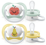 Chupete Philips AVENT ultra air - paquete de 2, sin BPA, transpirable, para bebés de 0 a 6 meses, incluido estuche de transporte y esterilización, manzana/pera (modelo SCF080/17)