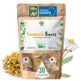 ORIGEENS Té de Flores de Manzanilla Bio de Europa, 100 g | Té de hojas sueltas, té orgánico para el sueño y la digestión | Manzanilla alemana | Certificado y empaquetado en Alemania.
