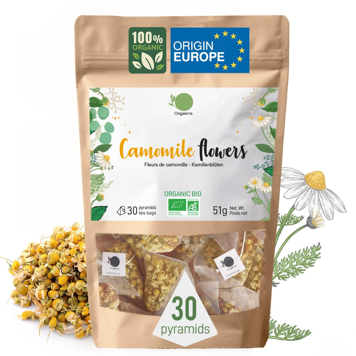 ORIGEENS Té de Flores de Manzanilla Bio de Europa, 100 g | Té de hojas sueltas, té orgánico para el sueño y la digestión | Manzanilla alemana | Certificado y empaquetado en Alemania.