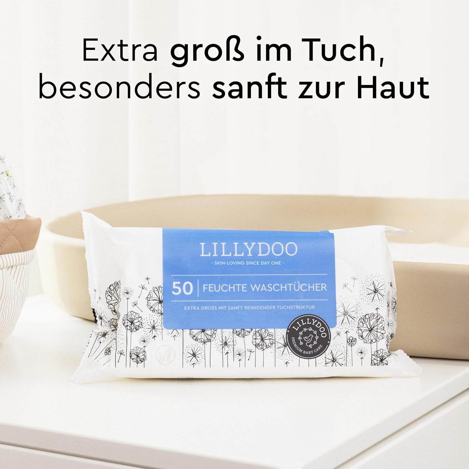 LILLYDOO Toallitas húmedas 50 unidades 100% sin plástico Toallita extra grande sin perfume