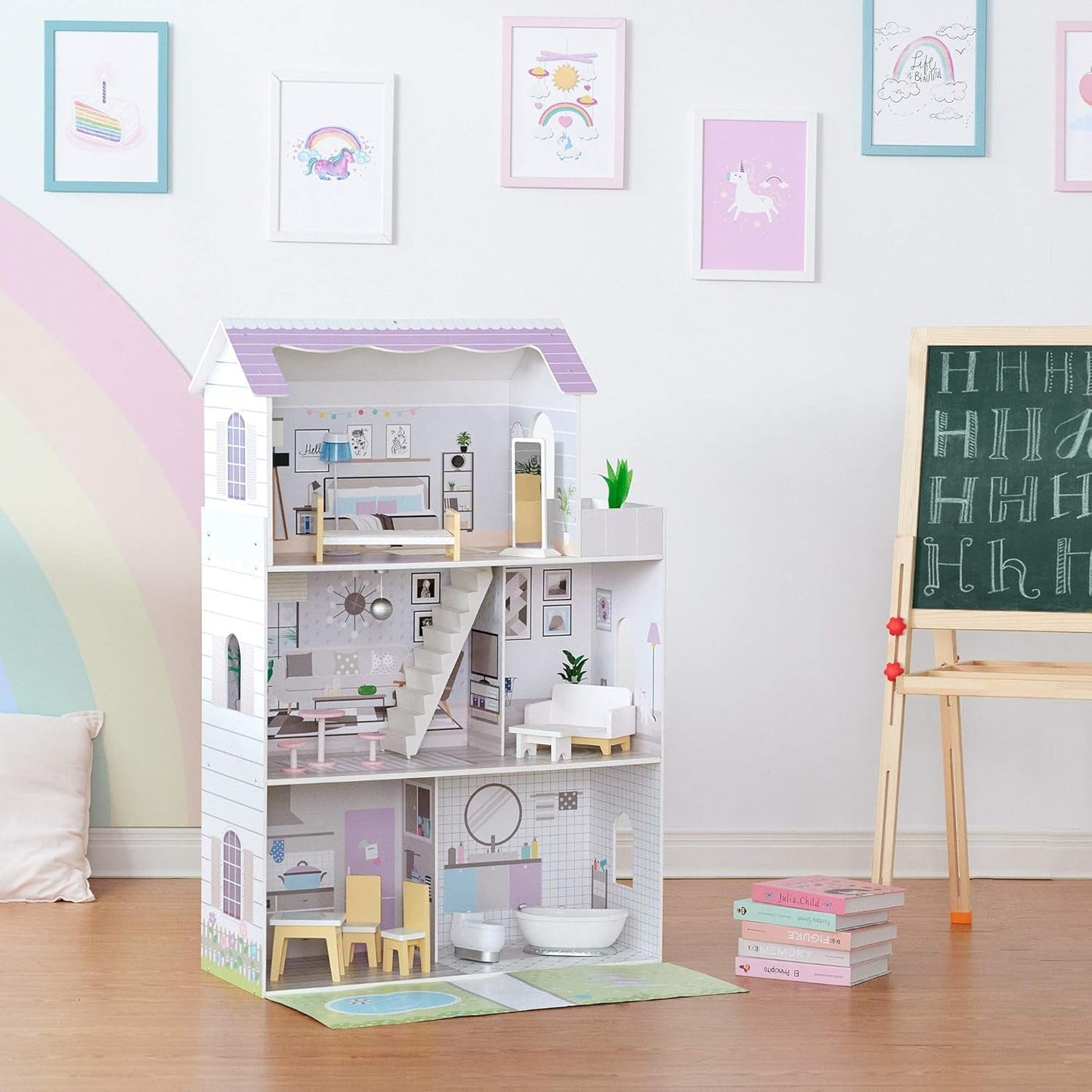 Teamson Kids Olivia's Little World Casa de muñecas gigante con 16 accesorios para muñecas, casa de muñecas de madera con muebles, casa de muñecas de 3 pisos, 30 cm para niños, a partir de 3 años