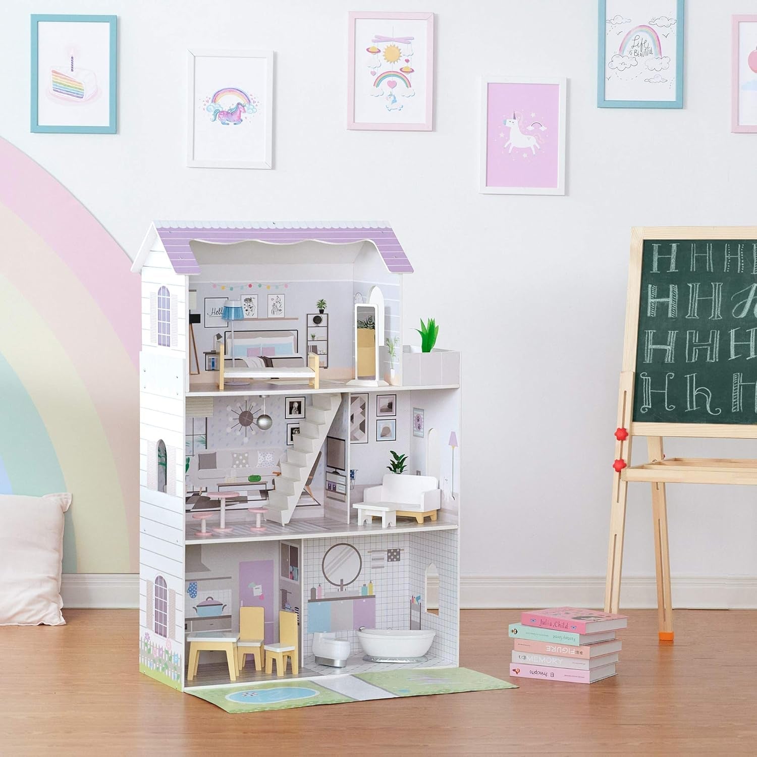 Teamson Kids Olivia's Little World Casa de muñecas gigante con 16 accesorios para muñecas, casa de muñecas de madera con muebles, casa de muñecas de 3 pisos, 30 cm para niños, a partir de 3 años