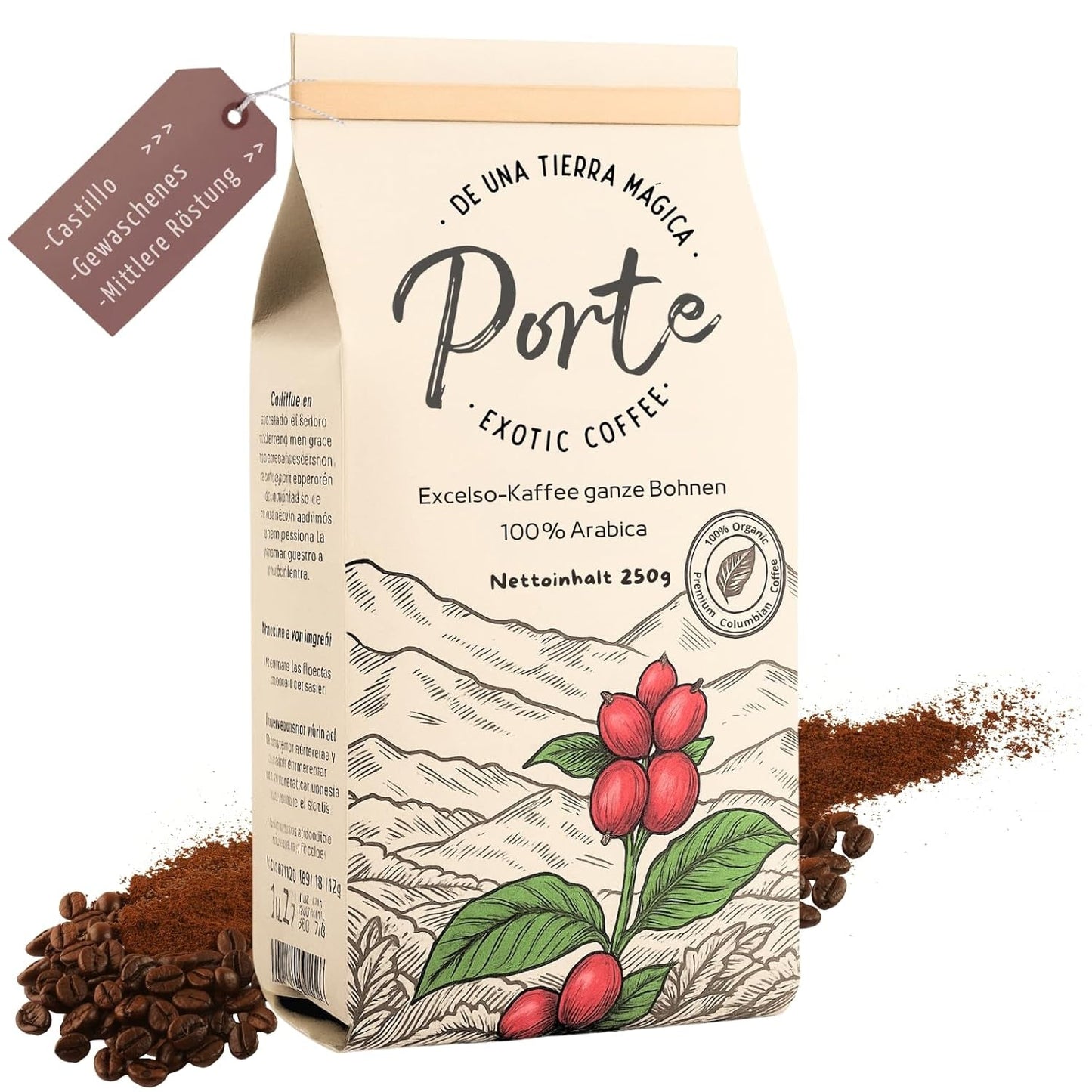 Spezialitätenkaffee Bohnen 100% Arábica Natural Mittlere Röstung Gewaschener Prozess Zitrus Schokolade Karamell Schattenanbau Sierra Nevada (250 g, Castillo)