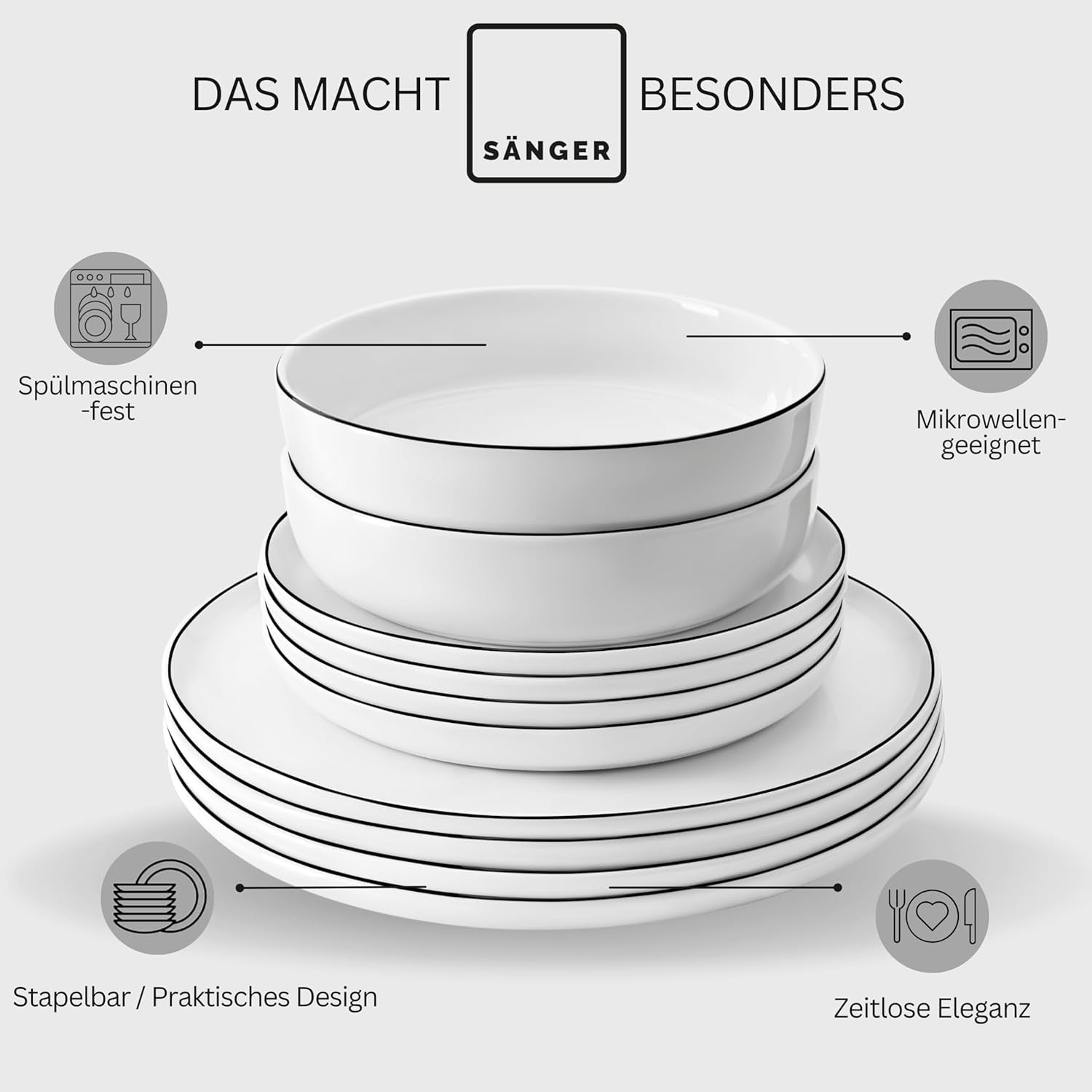 SANGER | Marlo Juego de vajilla con bordes blancos y negros, vajilla de porcelana de 18 piezas para 6, blanco con detalles en negro, platos llanos, platos de postre y tazones, diseño moderno | LA COLECCIÓN PREMIUM
