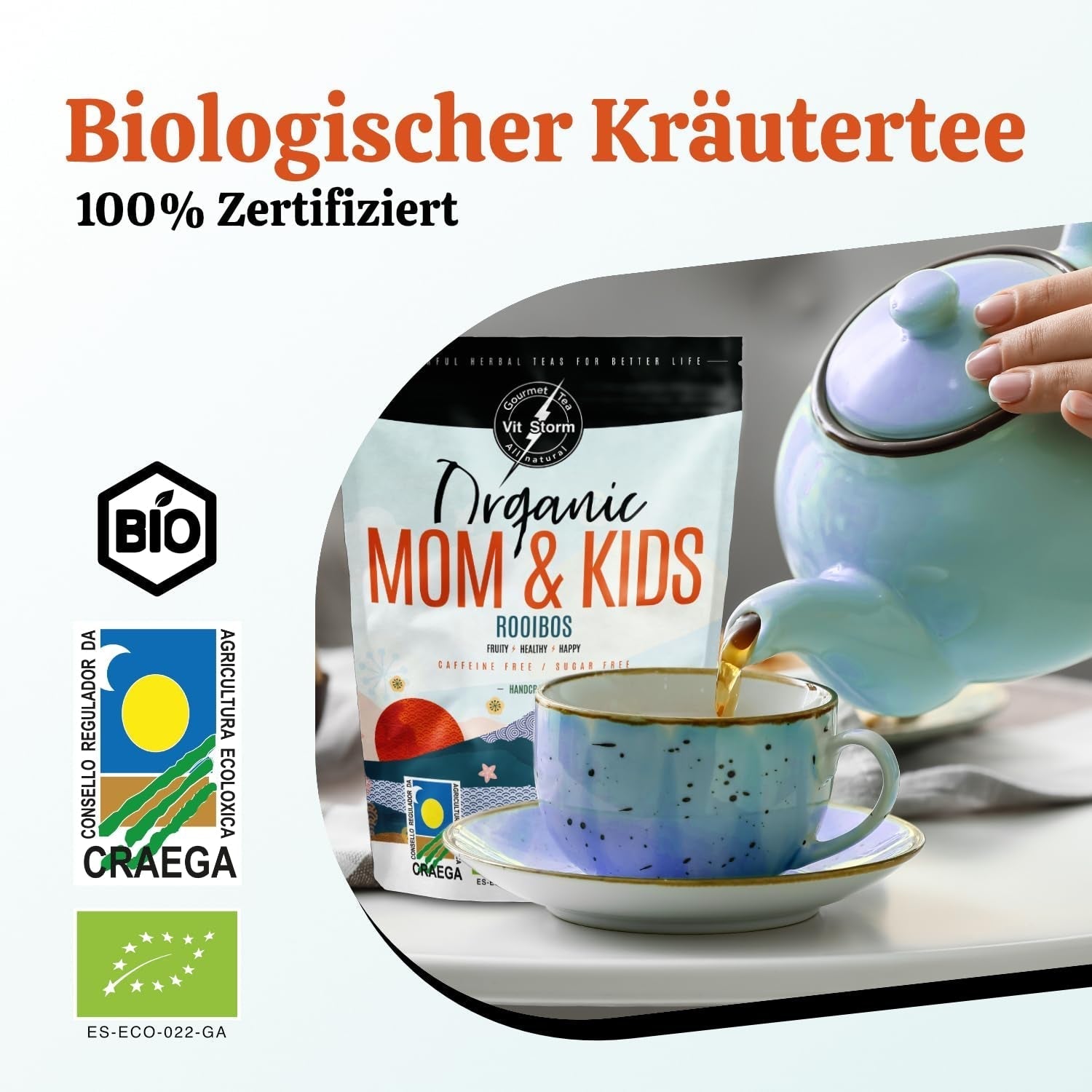 VITSTORM® BIO TEE Mom & Kids - Té para mujeres y lactancia - Rooibos, manzana, hinojo, melisa, alquimilla, fresa - Té relajante - Afrutado y delicioso - Sin cafeína - Té de hierbas 100 g