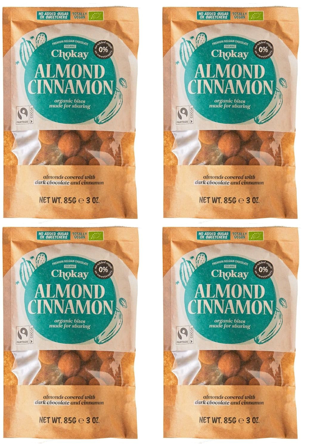 Juego de 4 bocados orgánicos - Almendras con canela/Almendras con canela en chocolate amargo belga/Sin azúcar añadido, sin edulcorantes/VEGANO Y DE COMERCIO JUSTO / 4 x 85 g