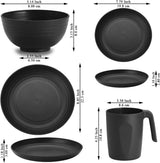 Berglander Juego de vajilla de plástico negro de 24 piezas para 6 platos y cuencos reutilizables, incluidos platos llanos, platos de postre, cuencos de cereales y tazas para el hogar, el jardín y el picnic