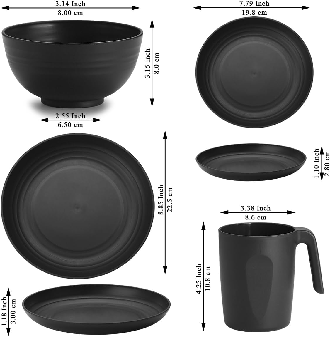 Berglander Juego de vajilla de plástico negro de 24 piezas para 6 platos y cuencos reutilizables, incluidos platos llanos, platos de postre, cuencos de cereales y tazas para el hogar, el jardín y el picnic