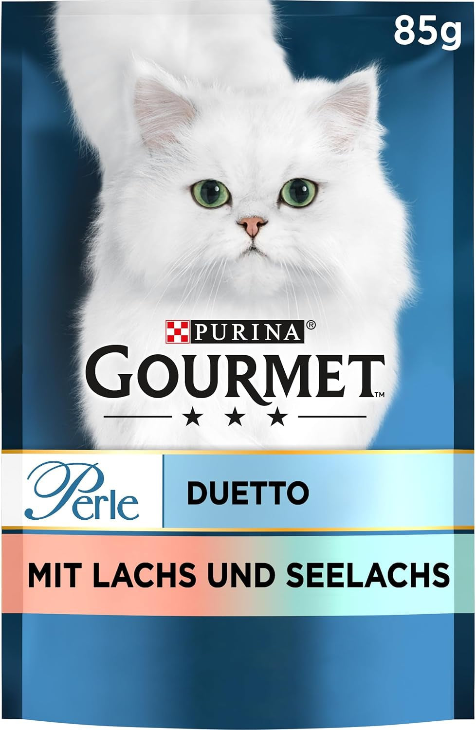Gourmet Perle Duetto comida húmeda para gatos con salmón y bacalao amarillo, paquete de 26 (26 x 85 g)