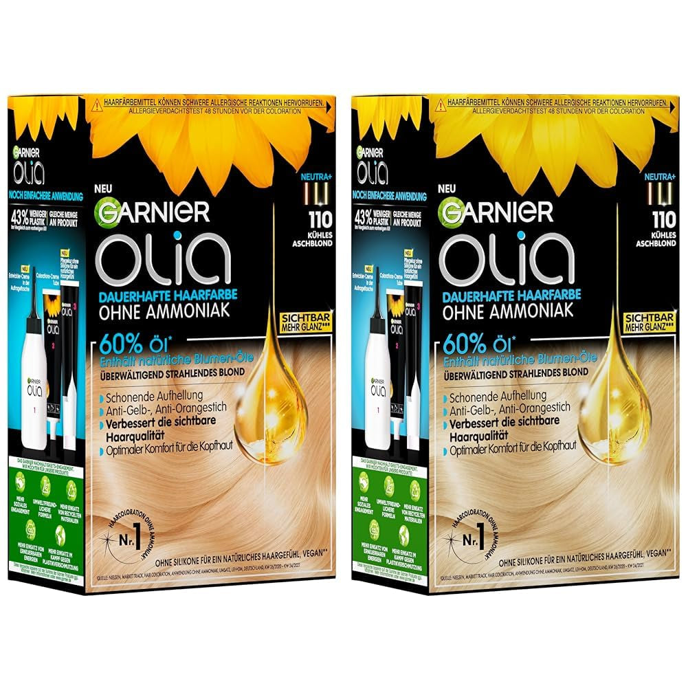 Garnier Olia 110 Cool Ash Blonde Color permanente sin amoníaco con aceites naturales nutritivos Cobertura completa Color permanente para cabello gris 1 pieza (paquete de 2) Naty Shop Color de cabello Título predeterminado