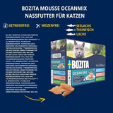 Bozita Mousse Ocean Mix - 12 x 85 g comida húmeda para gatos con atún, salmón o bacalao amarillo - sin cereales, sin azúcar y colorantes artificiales - con postbióticos para una flora intestinal saludable