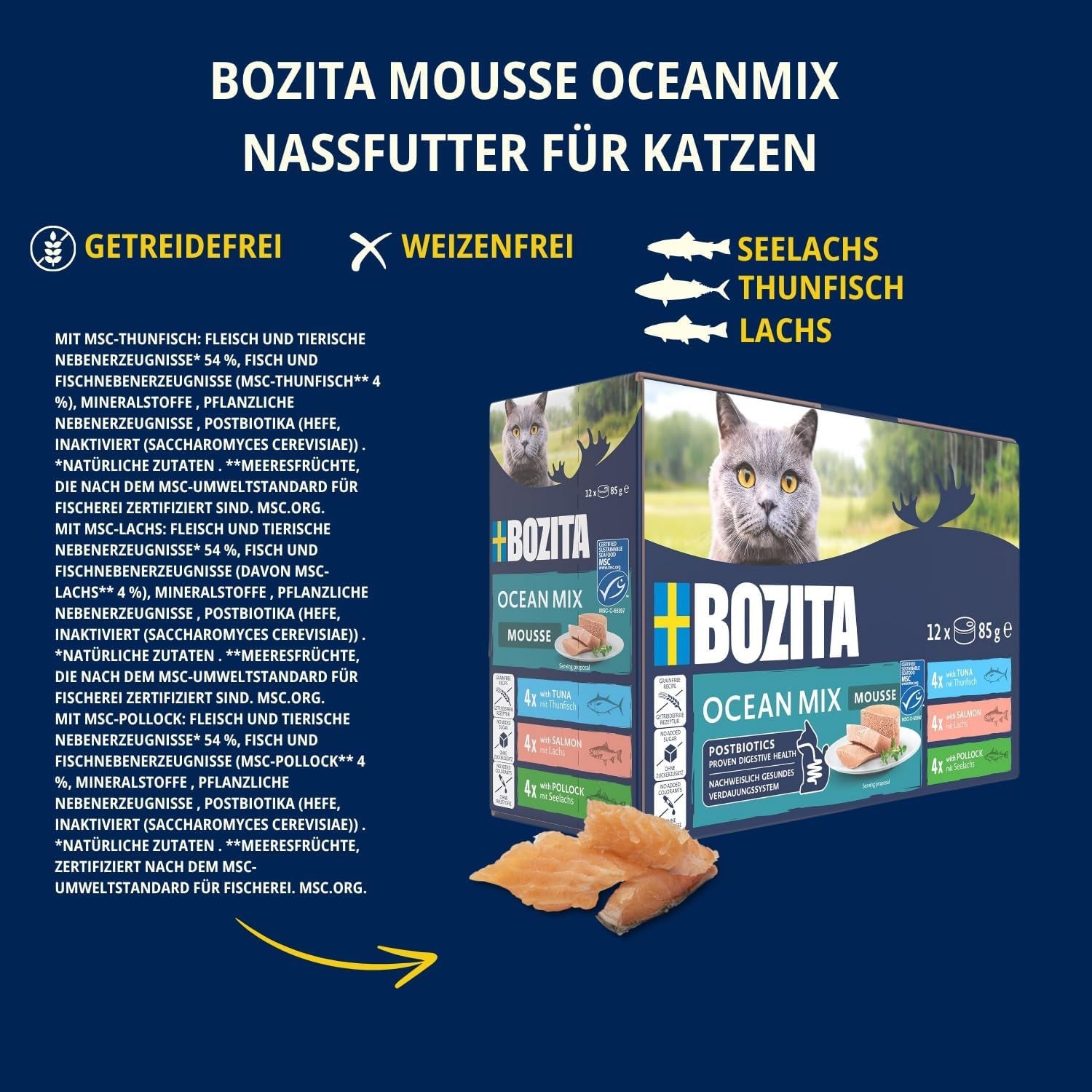Bozita Mousse Ocean Mix - 12 x 85 g comida húmeda para gatos con atún, salmón o bacalao amarillo - sin cereales, sin azúcar y colorantes artificiales - con postbióticos para una flora intestinal saludable
