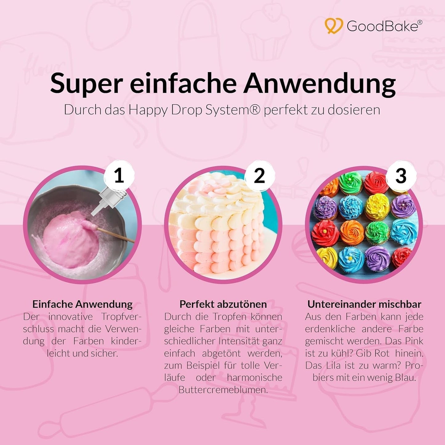 Colorante alimentario rosa Goodbake (11 ml) - Colorante alimentario intenso - Color muy concentrado - Para colorear pasteles, fondant, crema de mantequilla, bebidas, limo y muchos otros artículos. 100% vegano