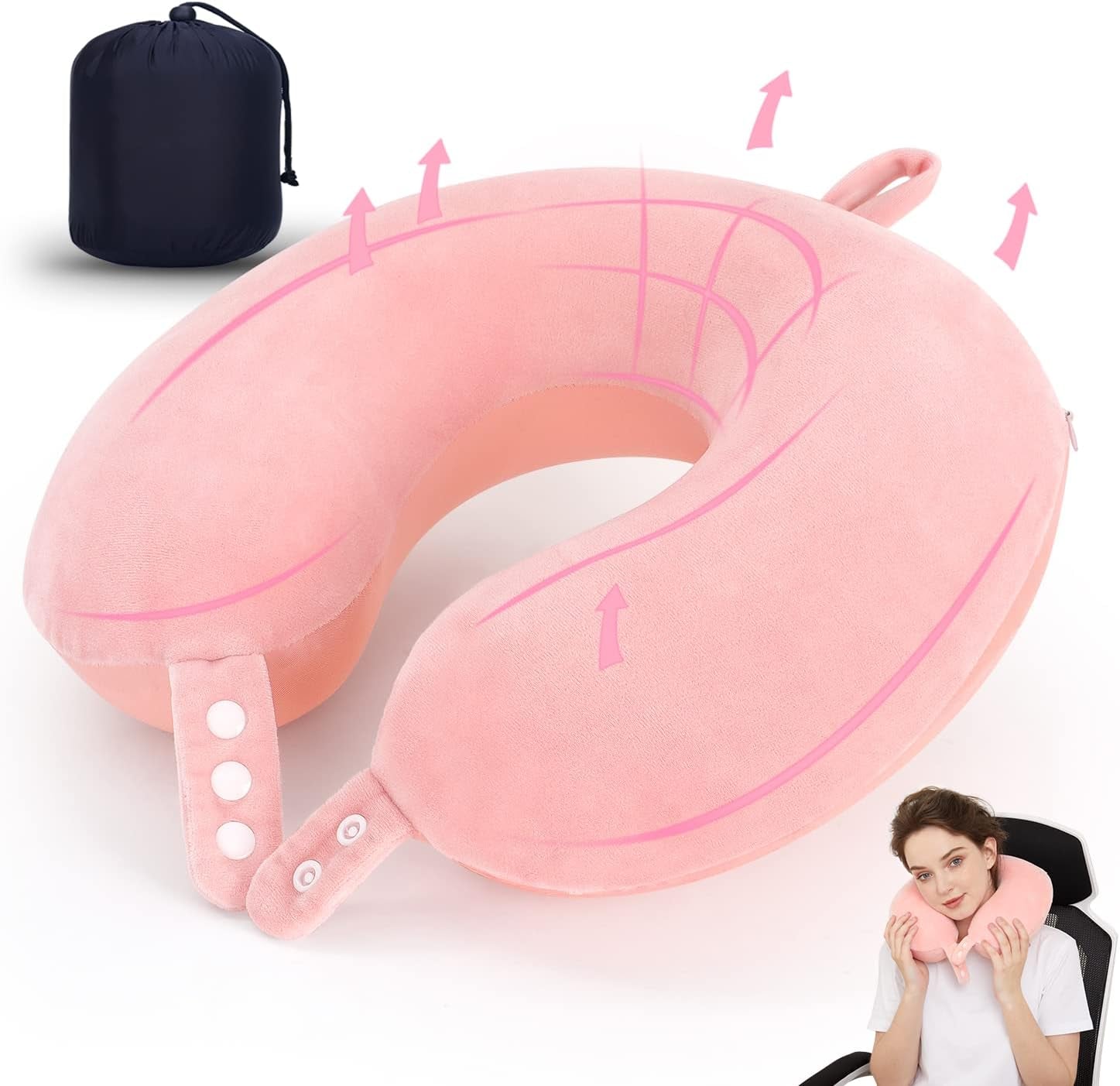 TALLGO Almohada de Viaje para el Cuello, La Mejor Almohada de Avión de Espuma Viscoelástica para Reposacabezas, Almohada Suave Ajustable para Avión, Coche y Hogar, Almohadas Ortopédicas Cervicales Rosa Naty Shop Rosa Estándar