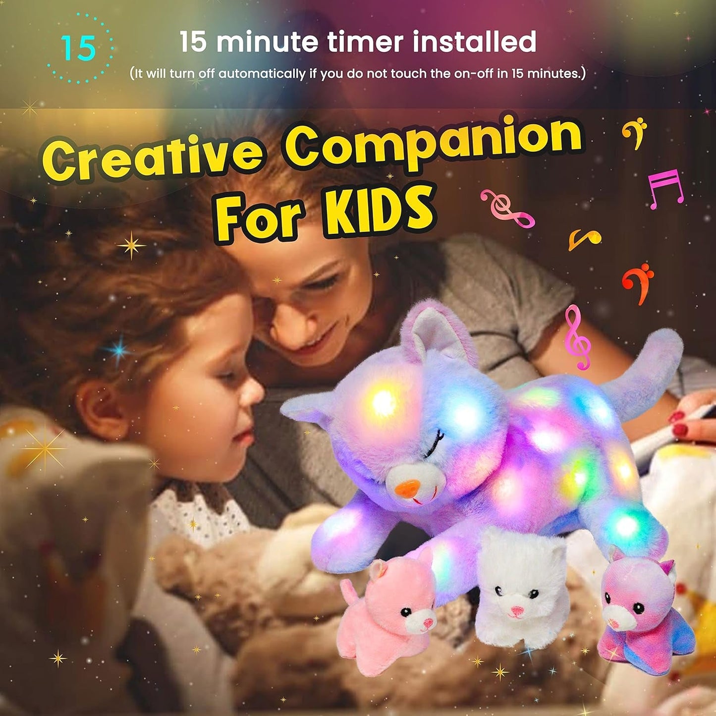 Gato de Peluche Musical LED, Juguete Que Canta con Luz, Madre Gata con 3 Gatitos en el Vientre, Canción de Cuna Animada, Juguete Relajante para Madres, Niños, Niñas, Arco Iris, 45 cm