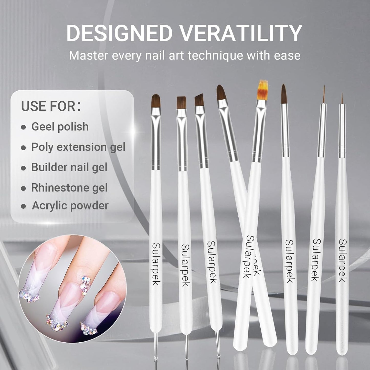 Sularpek Juego de 8 pinsel para uñas, pinsel para gel, pinsel de diseño, herramientas de punteado para decoración de uñas, pinsel para gel acrílico, pinsel para uñas