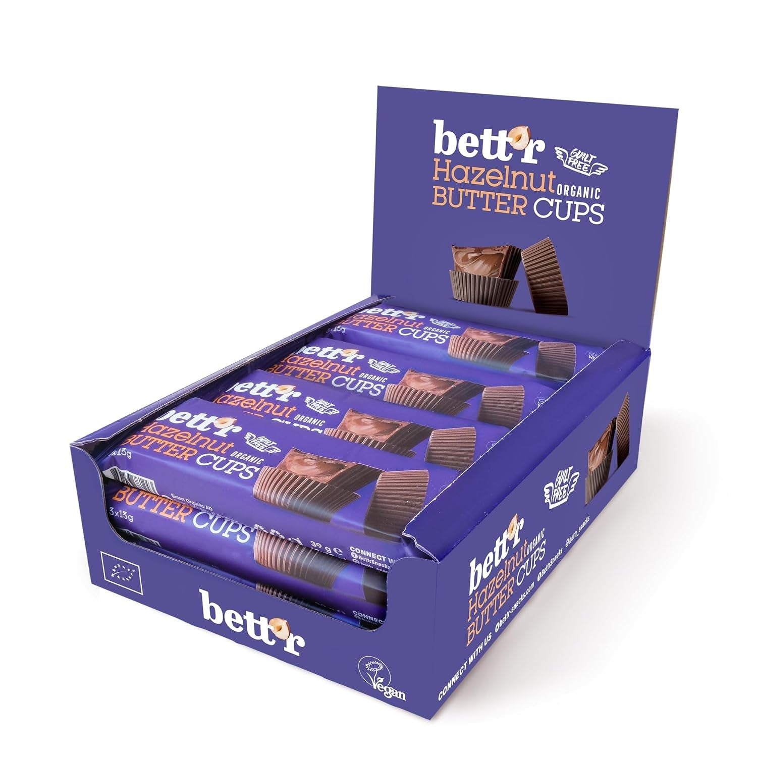Ranúnculos de avellana orgánicos sin culpa de Bett'r. 100% vegano, sin gluten y sin lactosa - 12 x 39 g