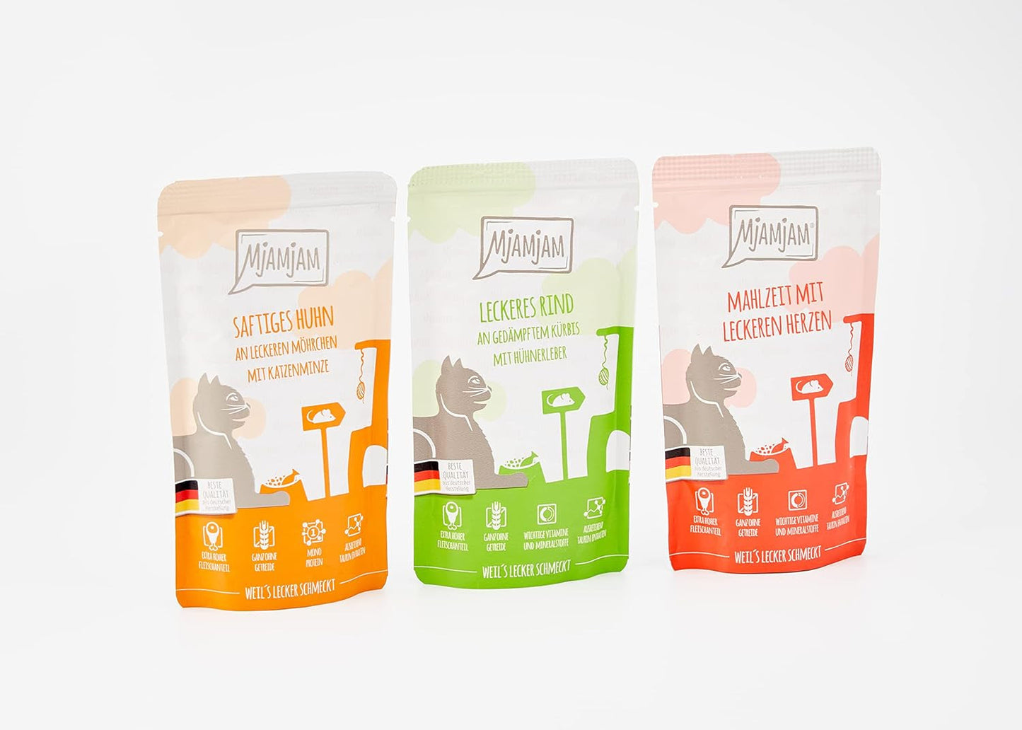 MjAMjAM - Comida húmeda premium para gatos - Paquete mixto I - Pollo, ternera y corazones Paquete de 12 (12 x 125 g), sin cereales y con carne extra