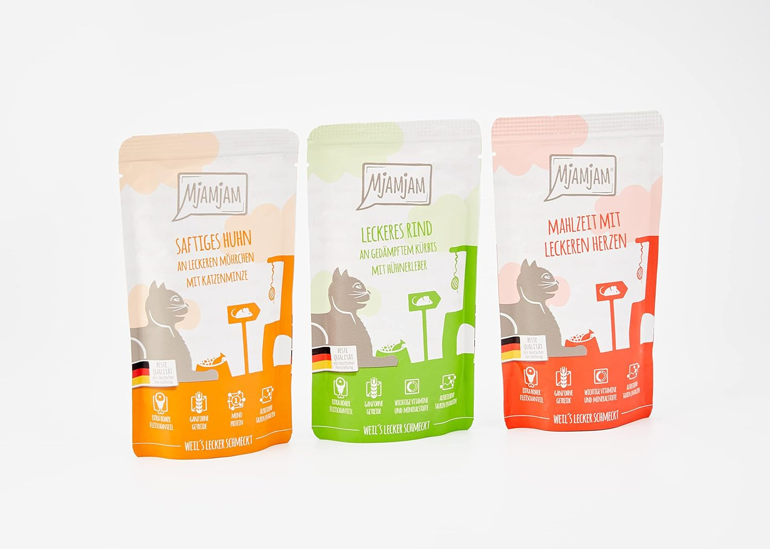 MjAMjAM - Comida húmeda premium para gatos - Paquete mixto I - Pollo, ternera y corazones Paquete de 12 (12 x 125 g), sin cereales y con carne extra
