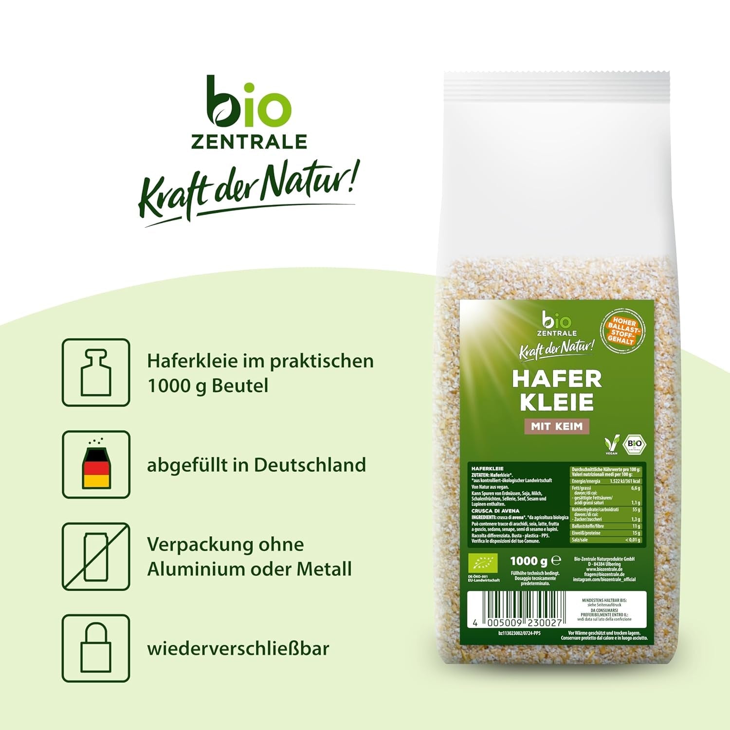 Salvado de avena ecológico Biocentral 1 kg | Paquete ventajoso | Fuente de proteína alta en fibra | Naturalmente vegano | De la agricultura de la UE | Bajo contenido de azúcar