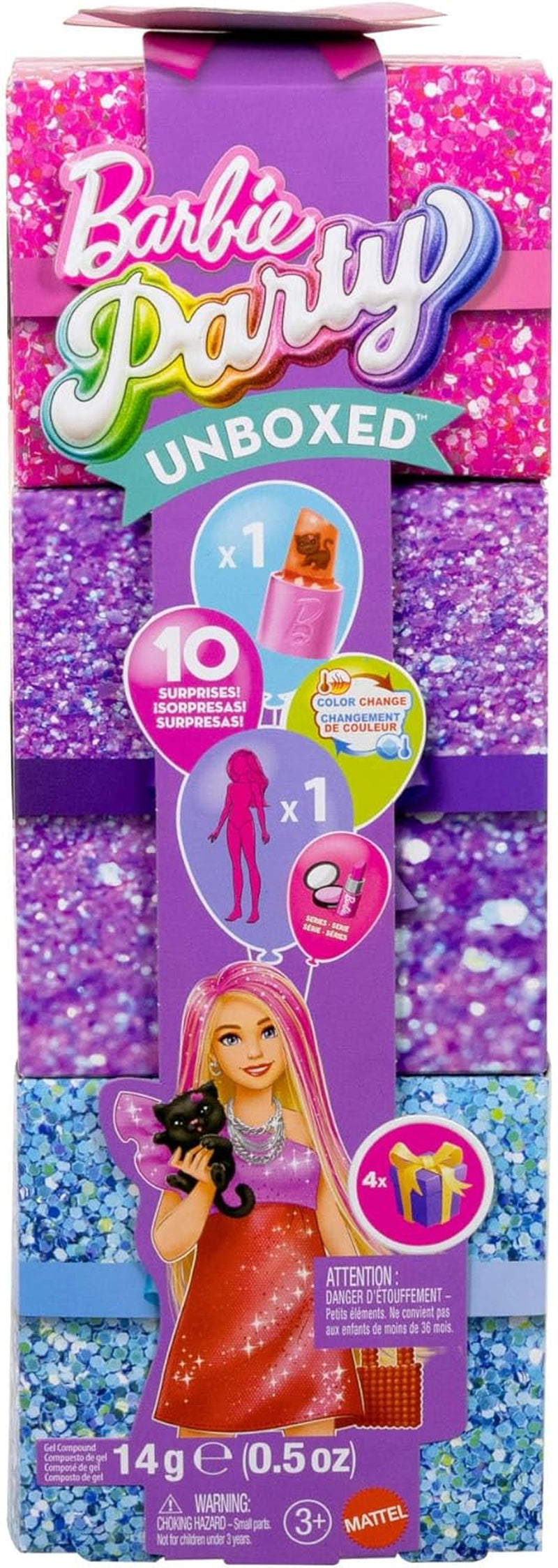Muñeca Barbie Party sin caja ni accesorios, serie Glam Party con 10 sorpresas, incluida una muñeca roja brillante con efecto de cambio de color, JFY68