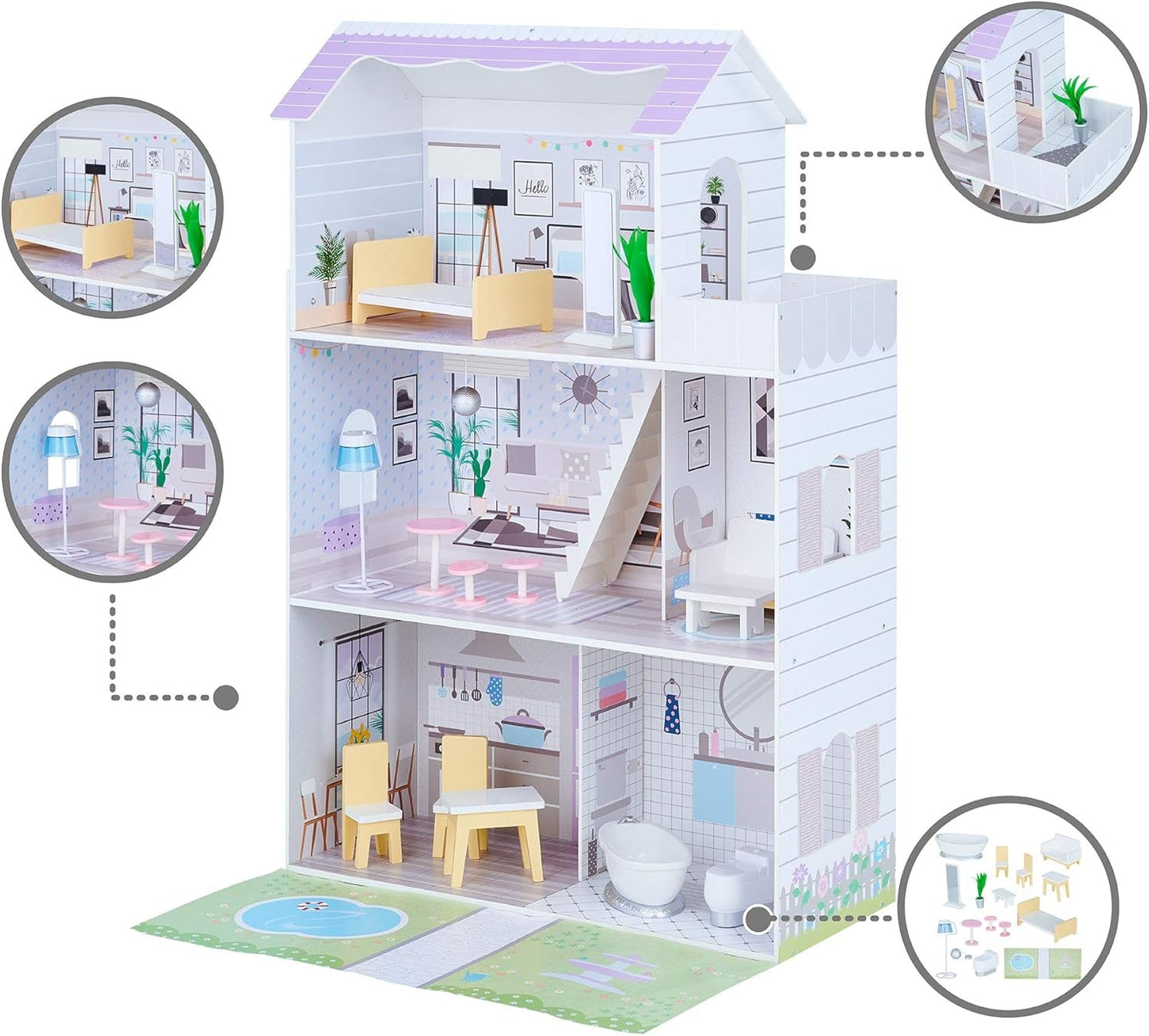 Teamson Kids Olivia's Little World Casa de muñecas gigante con 16 accesorios para muñecas, casa de muñecas de madera con muebles, casa de muñecas de 3 pisos, 30 cm para niños, a partir de 3 años