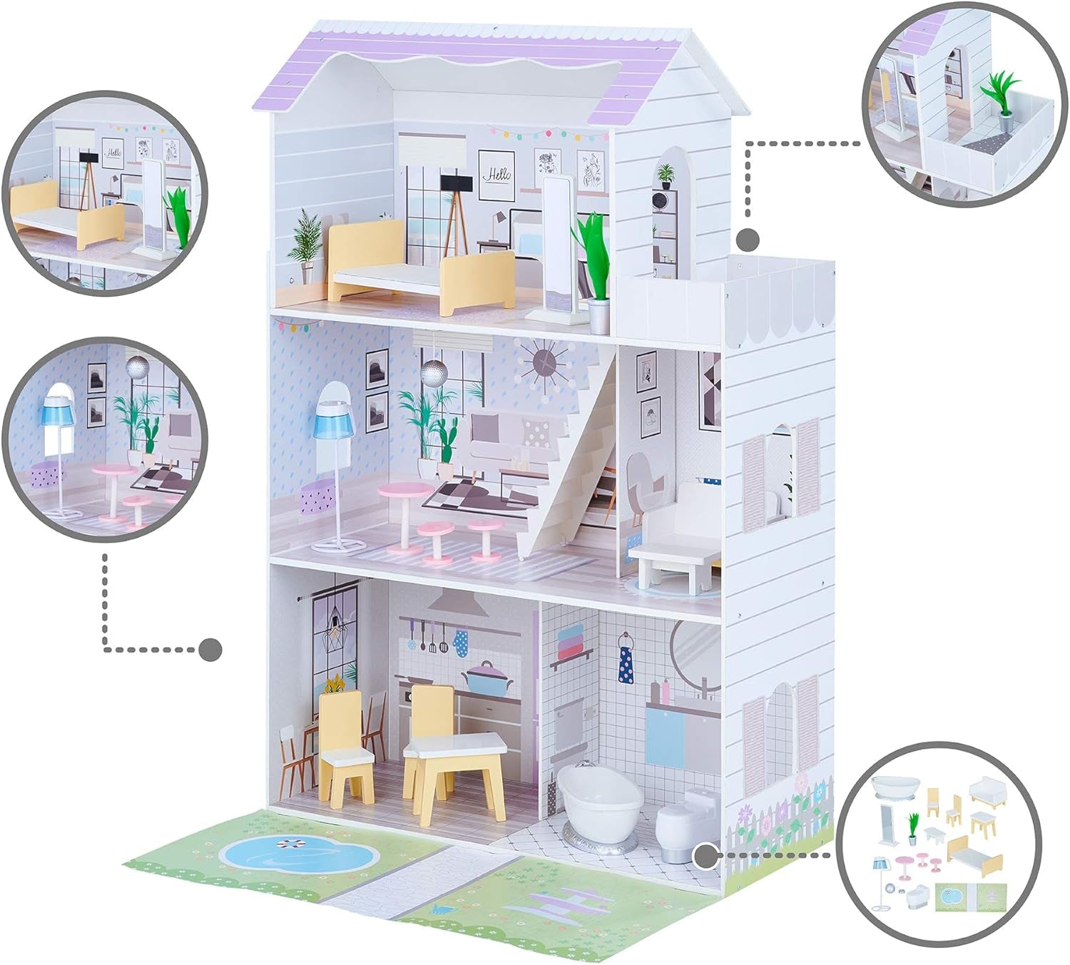 Teamson Kids Olivia's Little World Casa de muñecas gigante con 16 accesorios para muñecas, casa de muñecas de madera con muebles, casa de muñecas de 3 pisos, 30 cm para niños, a partir de 3 años