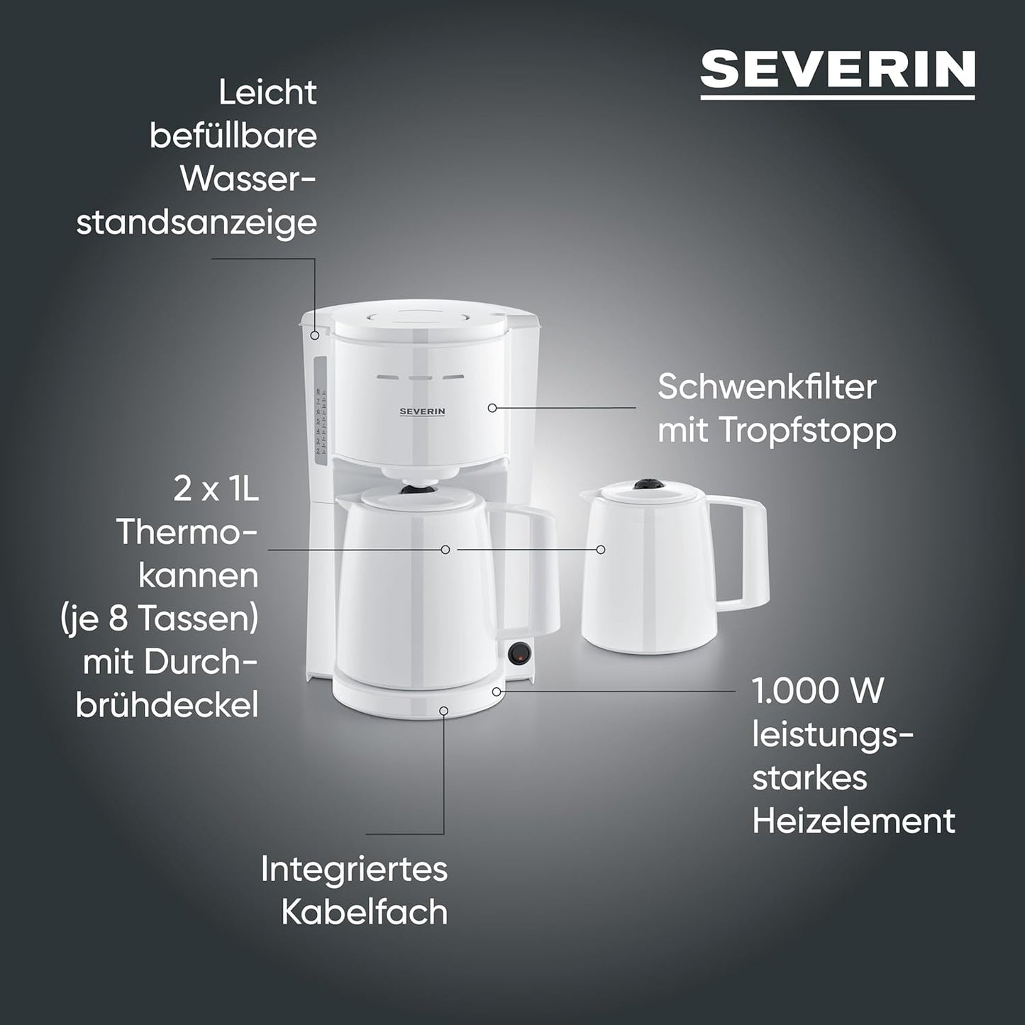 Cafetera espresso Severin con filtro y 2 jarras térmicas, cafetera espresso con tapa, vertido sin goteo, mantenimiento prolongado de la temperatura, apagado automático, 1000 W, aprox. 1 litro, blanco, KA 9309