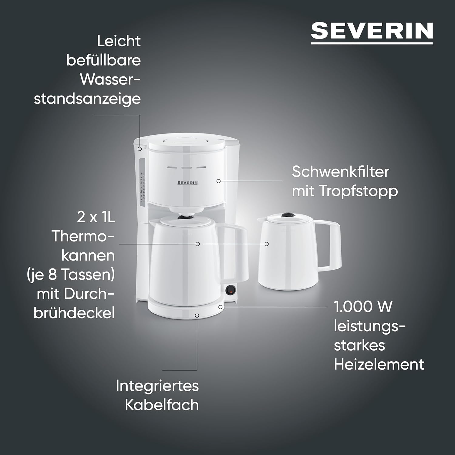 Cafetera espresso Severin con filtro y 2 jarras térmicas, cafetera espresso con tapa, vertido sin goteo, mantenimiento prolongado de la temperatura, apagado automático, 1000 W, aprox. 1 litro, blanco, KA 9309