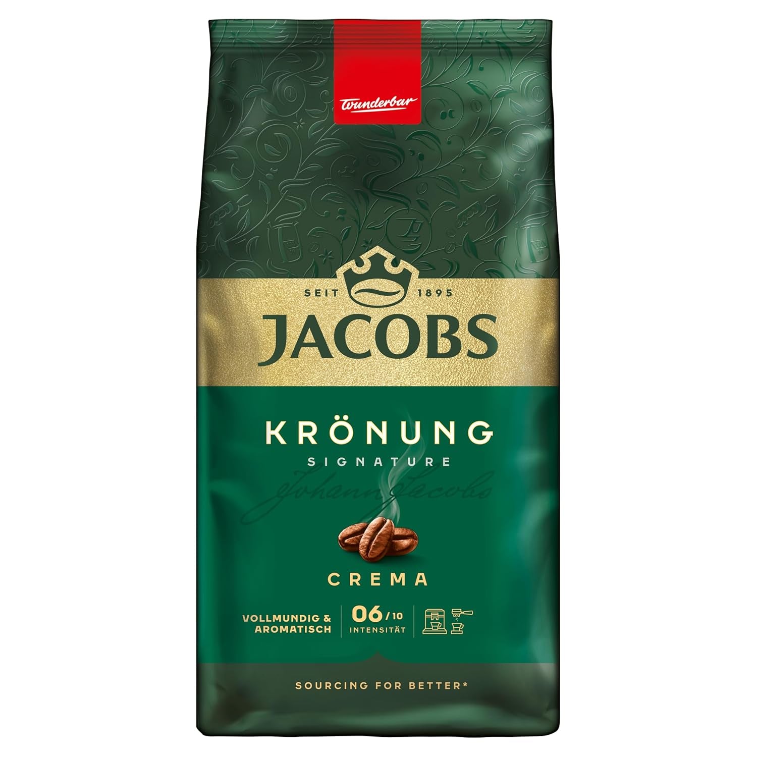 Jacobs Café Crema Gold Kaffeebohnen 1Kg – Vollmundig, Aromatisch, Fruchtige Notes, Arábica y Robusta Bohnen, Intensidad 5/10, Ideal para Café Crema Naty Shop Krönung Crema 1Kg