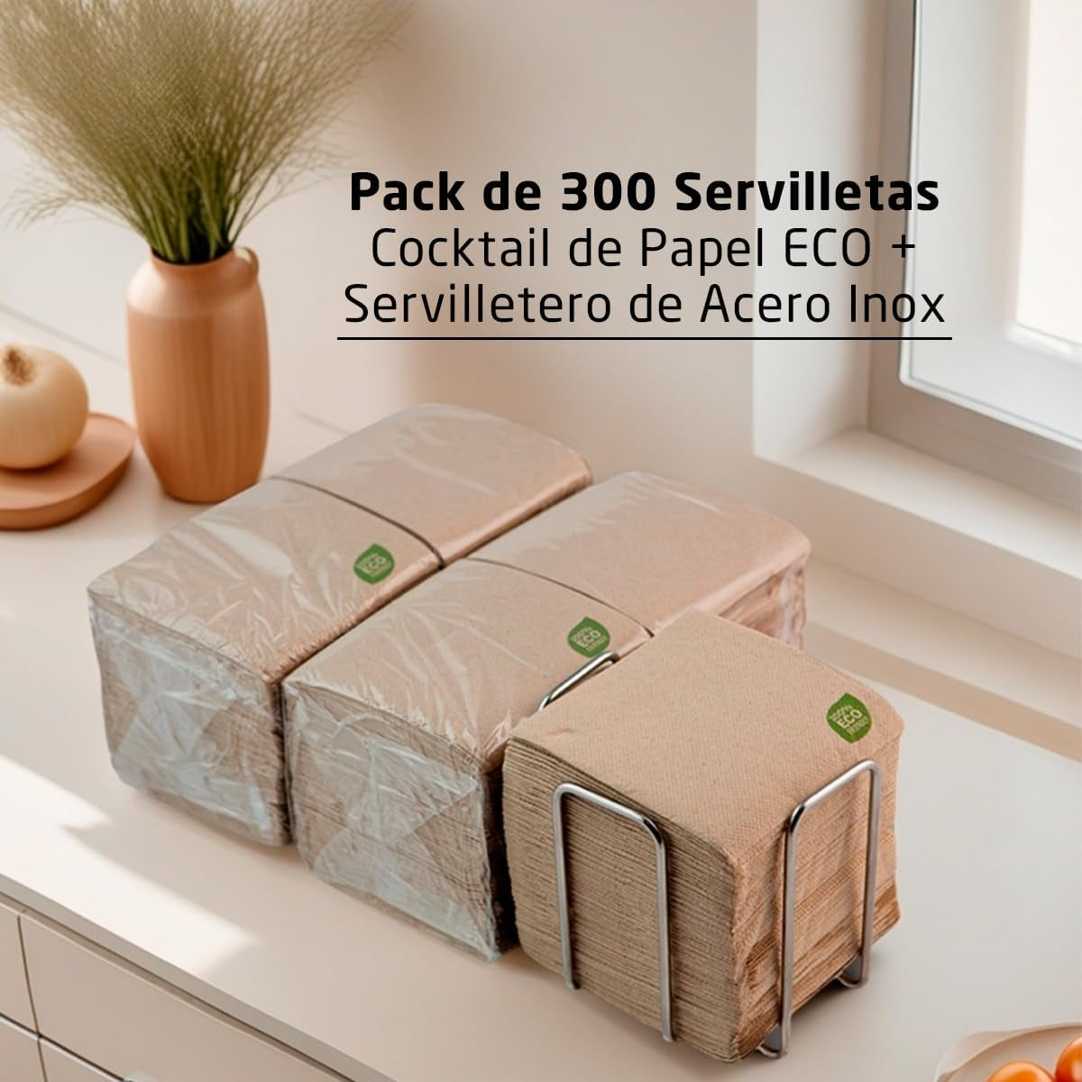 Paquete de 300 Servilletas de Papel para Cóctel, 100% Reciclables y Biodegradables, Servilletero de Acero Inoxidable, Servilletas Ecológicas, 10 X 10 cm, Plegadas.