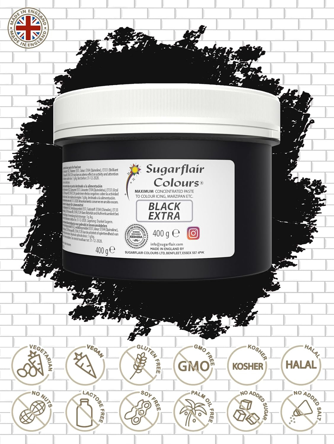Colorante alimentario Sugarflair Max Concentrated Black, colorante alimentario altamente concentrado para mazapán y fondant, colorante en pasta Max Concentrate - 400 g
