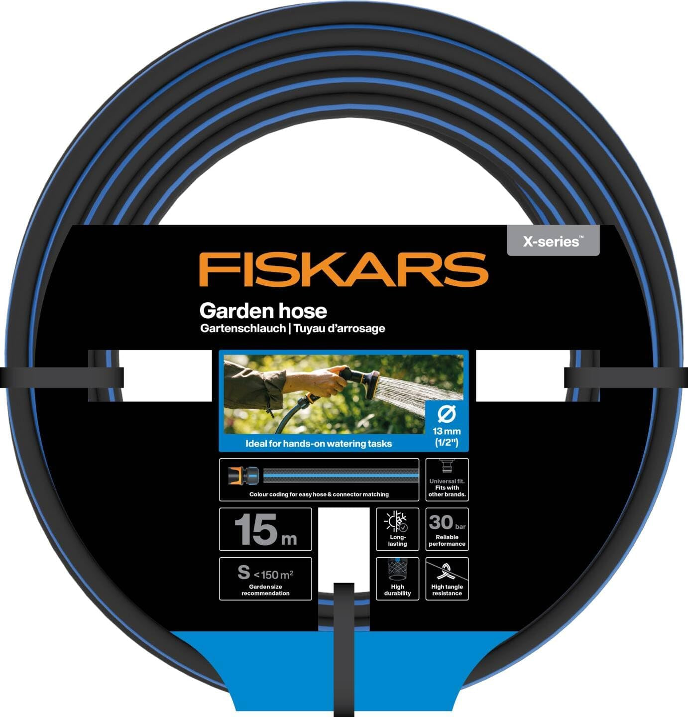 Fiskars Manguera de jardín S, Serie X, Manguera de agua para riego manual, 13 mm (1/2"), Longitud: 15 m, Conexión universal, Protección UV, Protección contra heladas, Resistente a la torsión, Azul, 1076044