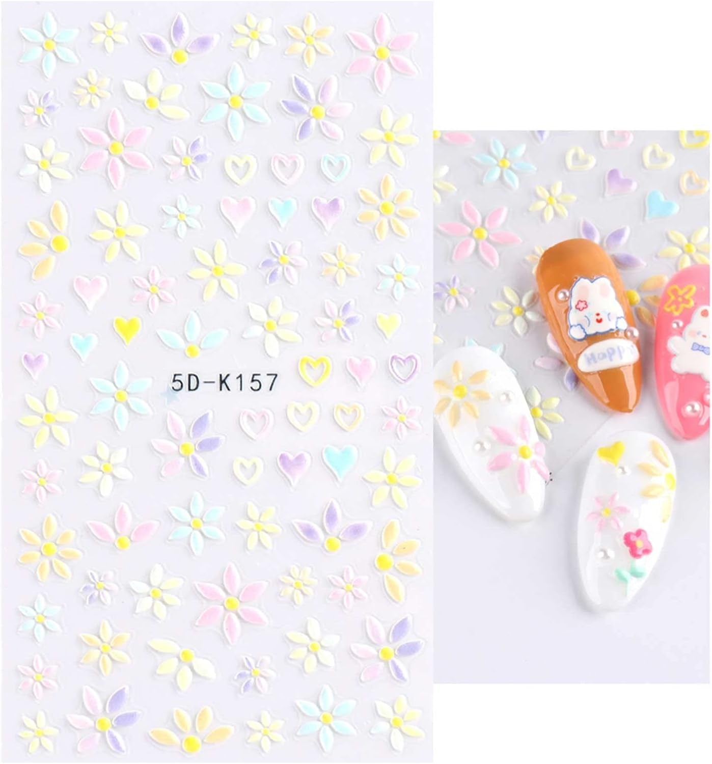 JMEOWIO 3D Nagelsticker Frühling Blumen 5 Blatt Nagelaufkleber 5D Stereoskopisch Selbstklebend Bunte Blüte Nail Art Sticker Decoración Nageldesign Zubehör