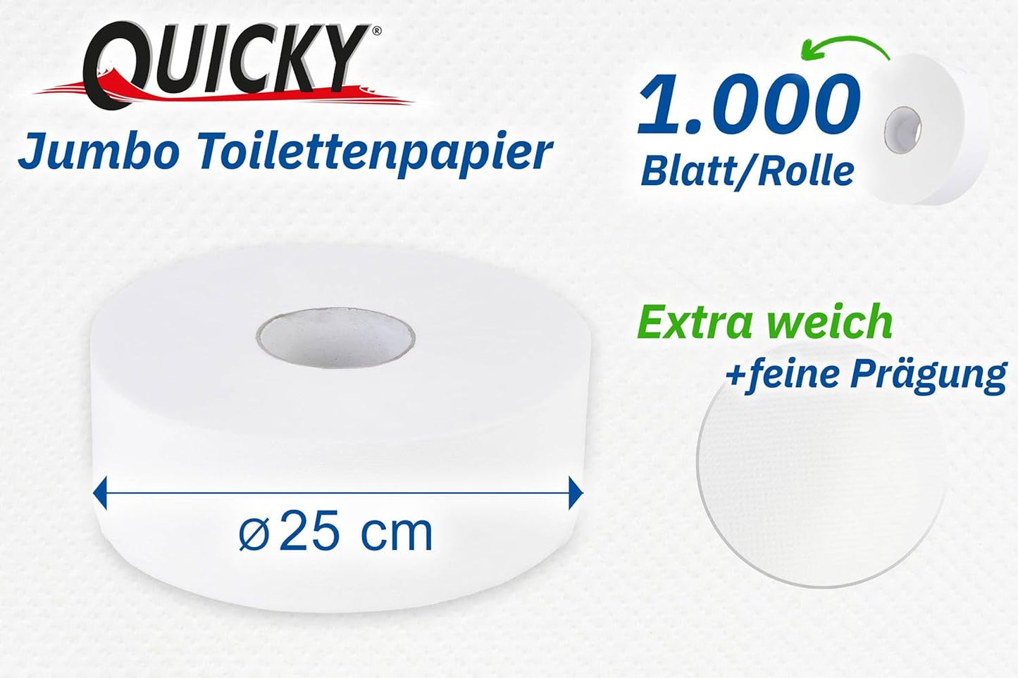 Papel higiénico Quicky Jumbo de 2 capas, 25 cm de diámetro, blanco brillante, con relieve de puntos finos, 6 rollos: absorbente y resistente al desgarro para una máxima higiene, ideal para instituciones públicas e industria