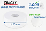 Papel higiénico Quicky Jumbo de 2 capas, 25 cm de diámetro, blanco brillante, con relieve de puntos finos, 6 rollos: absorbente y resistente al desgarro para una máxima higiene, ideal para instituciones públicas e industria