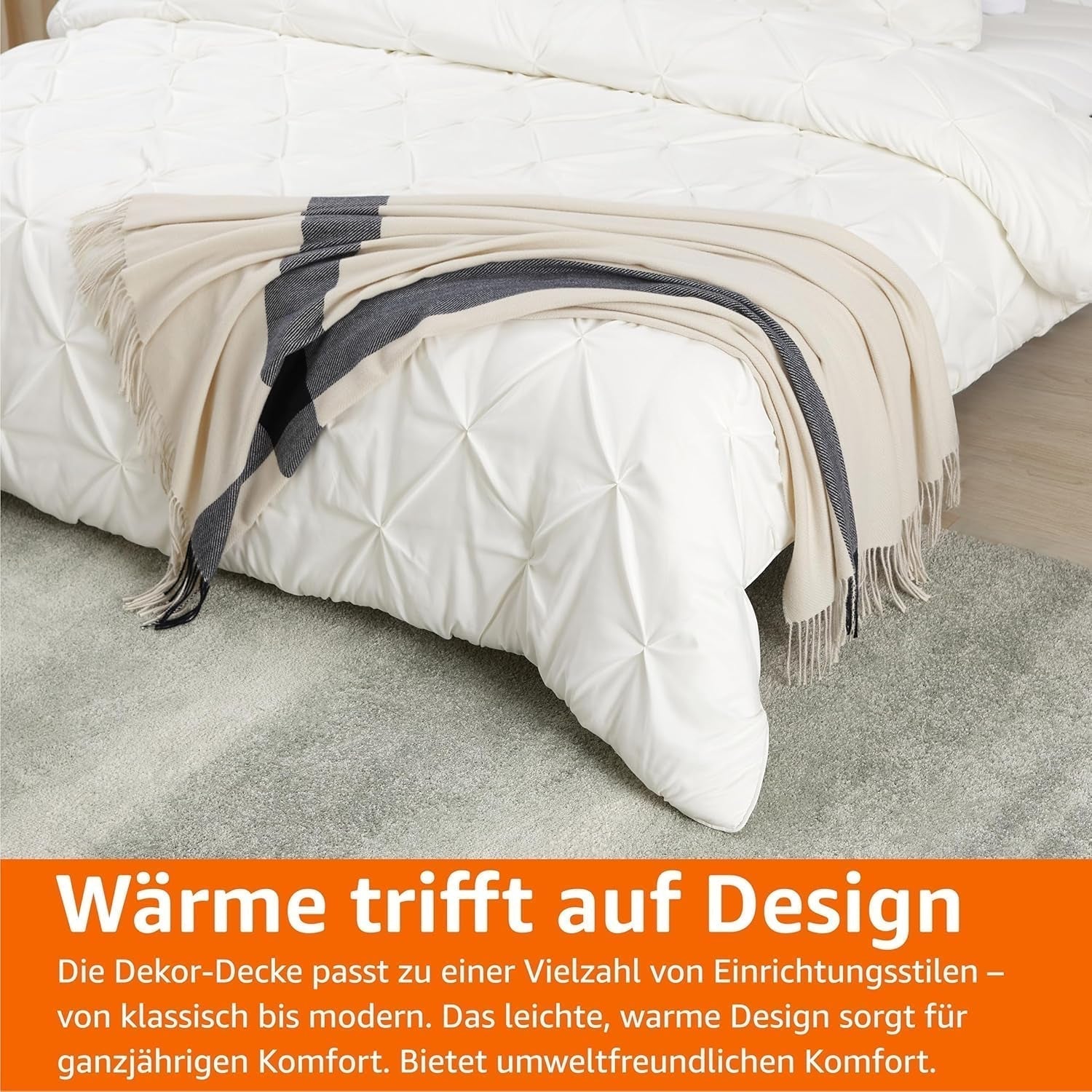 Amazon Basics Manta ligera de poliéster reciclado, manta acogedora para decoración de habitaciones, 127 x 152 cm, blanco marfil con estampado azul Camas y mantas a cuadros Besuche den Amazon Basics-Store