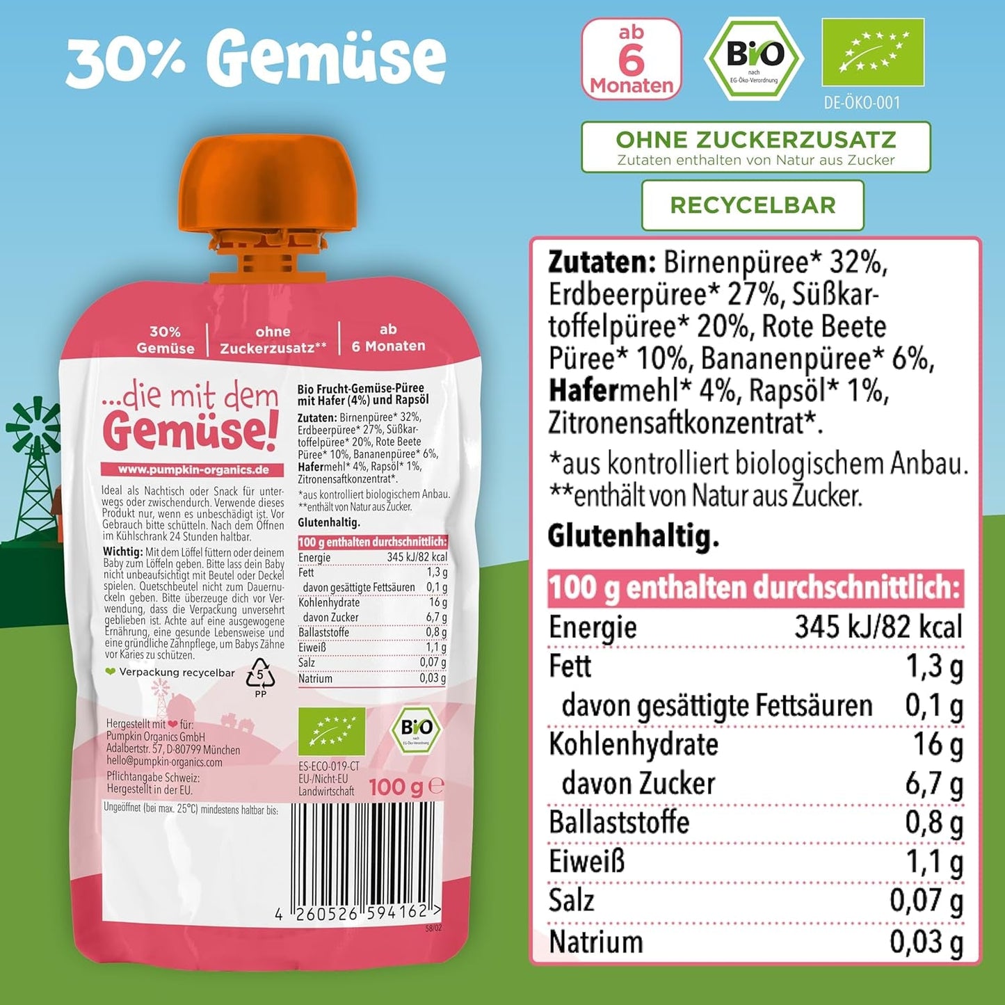 Pumpkin Organics bolsas de verduras y cereales ecológicos, pack de 8: Pera, Fresas, Boniatos, Remolacha, Plátano, Avena - Sin azúcares añadidos¹ - A partir de 6 meses - como snack o alimento complementario en el paquete (8 x 100g)