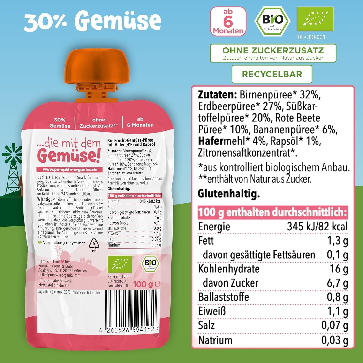 Pumpkin Organics bolsas de verduras y cereales ecológicos, pack de 8: Pera, Fresas, Boniatos, Remolacha, Plátano, Avena - Sin azúcares añadidos¹ - A partir de 6 meses - como snack o alimento complementario en el paquete (8 x 100g)